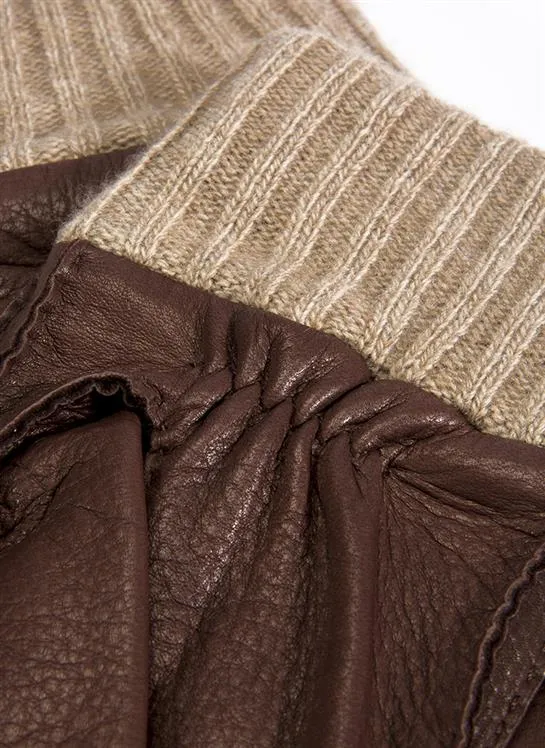 Men's Handsewn Three-Point Cashmere-Lined Deerskin Leather Gloves with Cashmere Cuffs