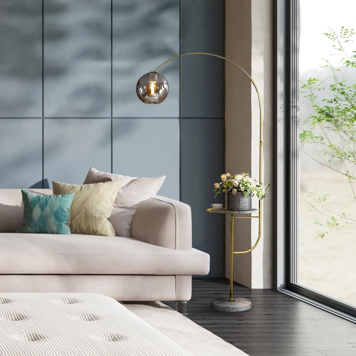 Swivel Dome Shade Golden Floor Lamp with Marble Table