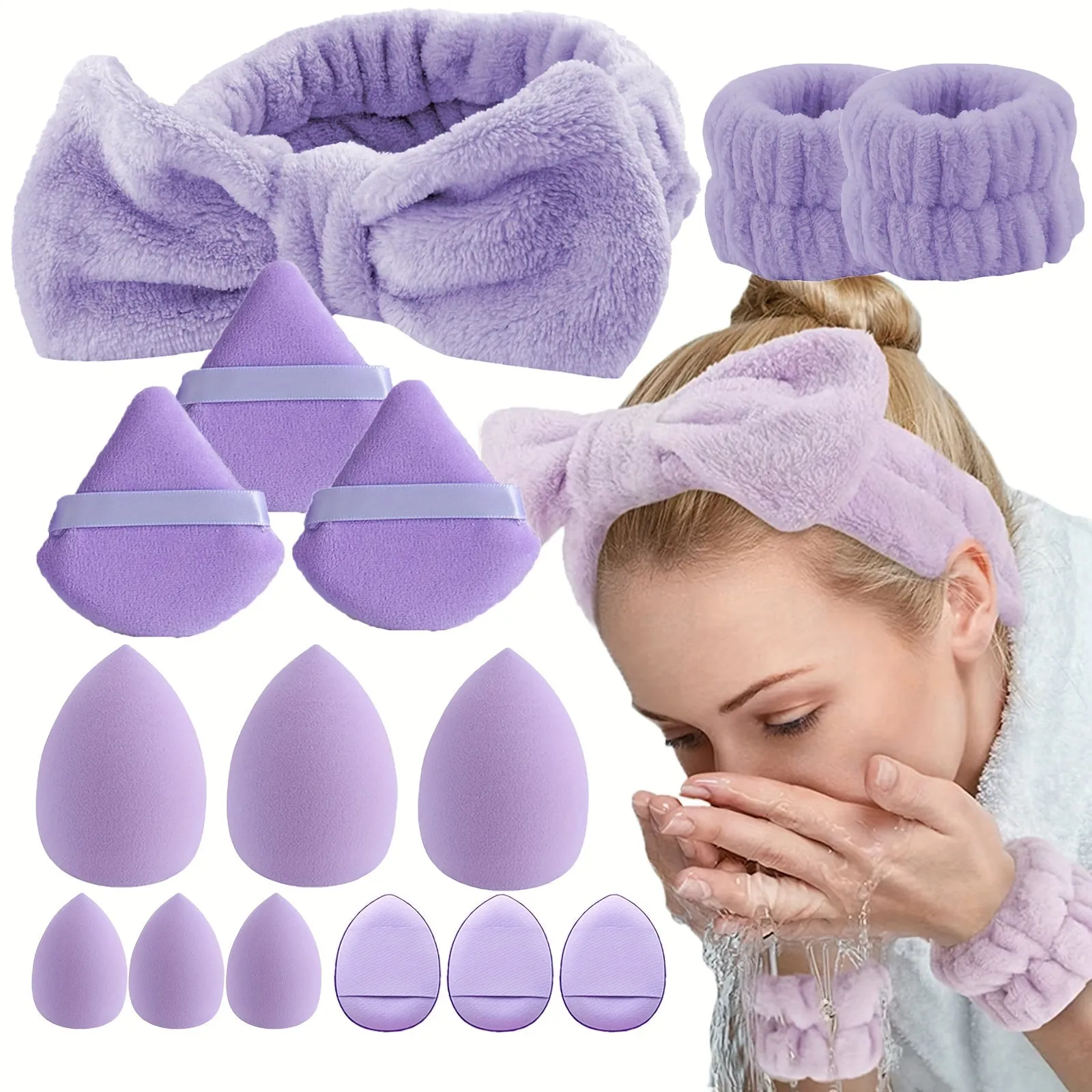 Travelfriendly 15pcs Makeup Headband Sponge Set with Bowknot Decor