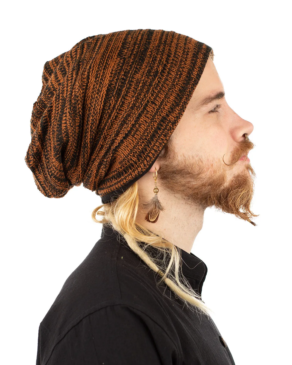 Woven Cotton Slouch Beanie Hat Orange/Black Circles