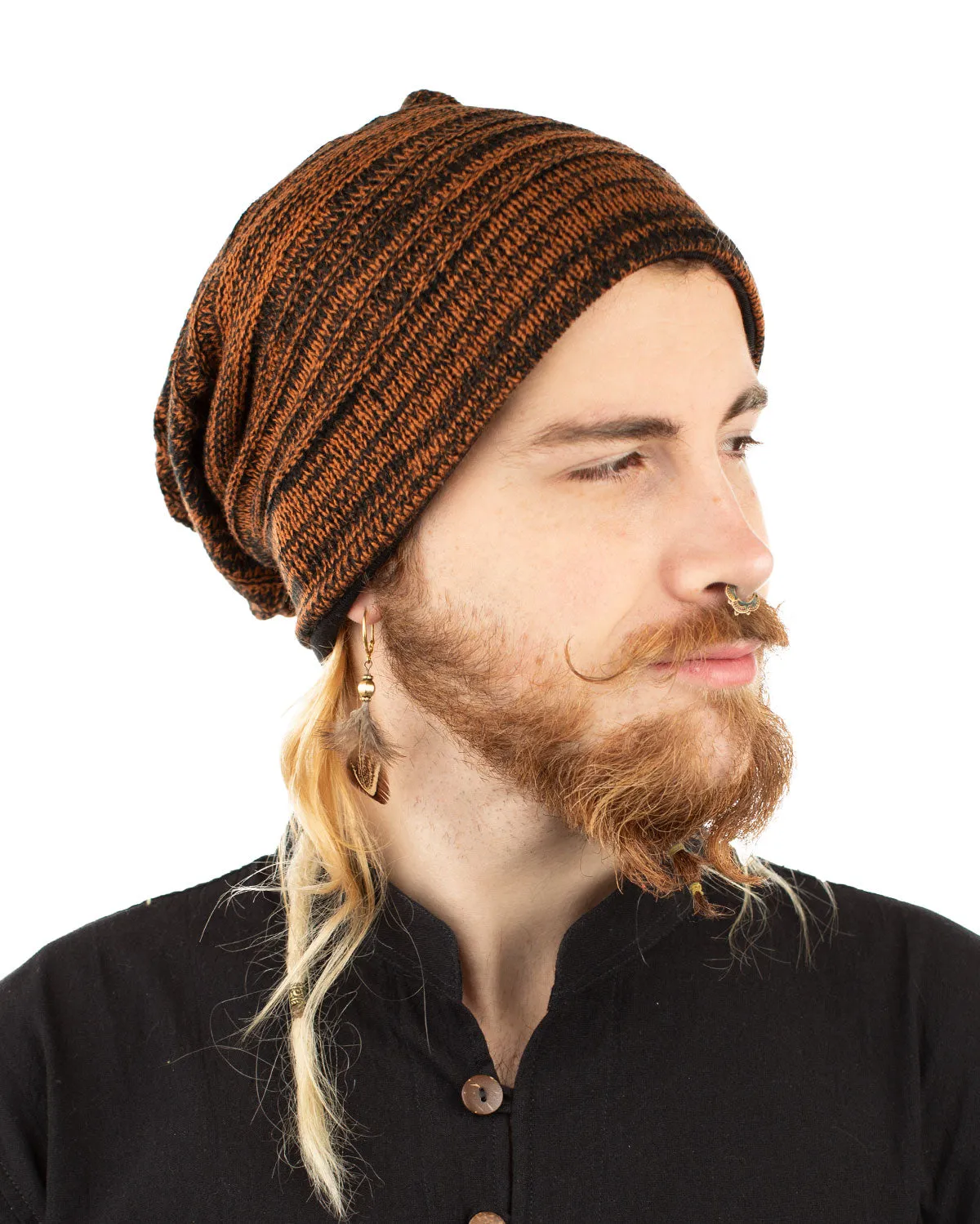 Woven Cotton Slouch Beanie Hat Orange/Black Circles